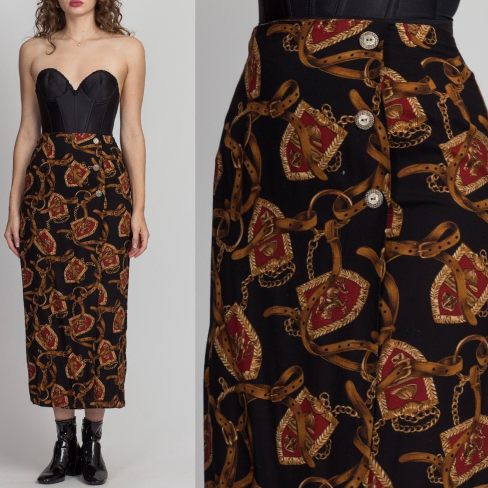Vintage 90s Boho Baroque Print Mock Wrap Skirt XS High Waist Bridle Print Midi